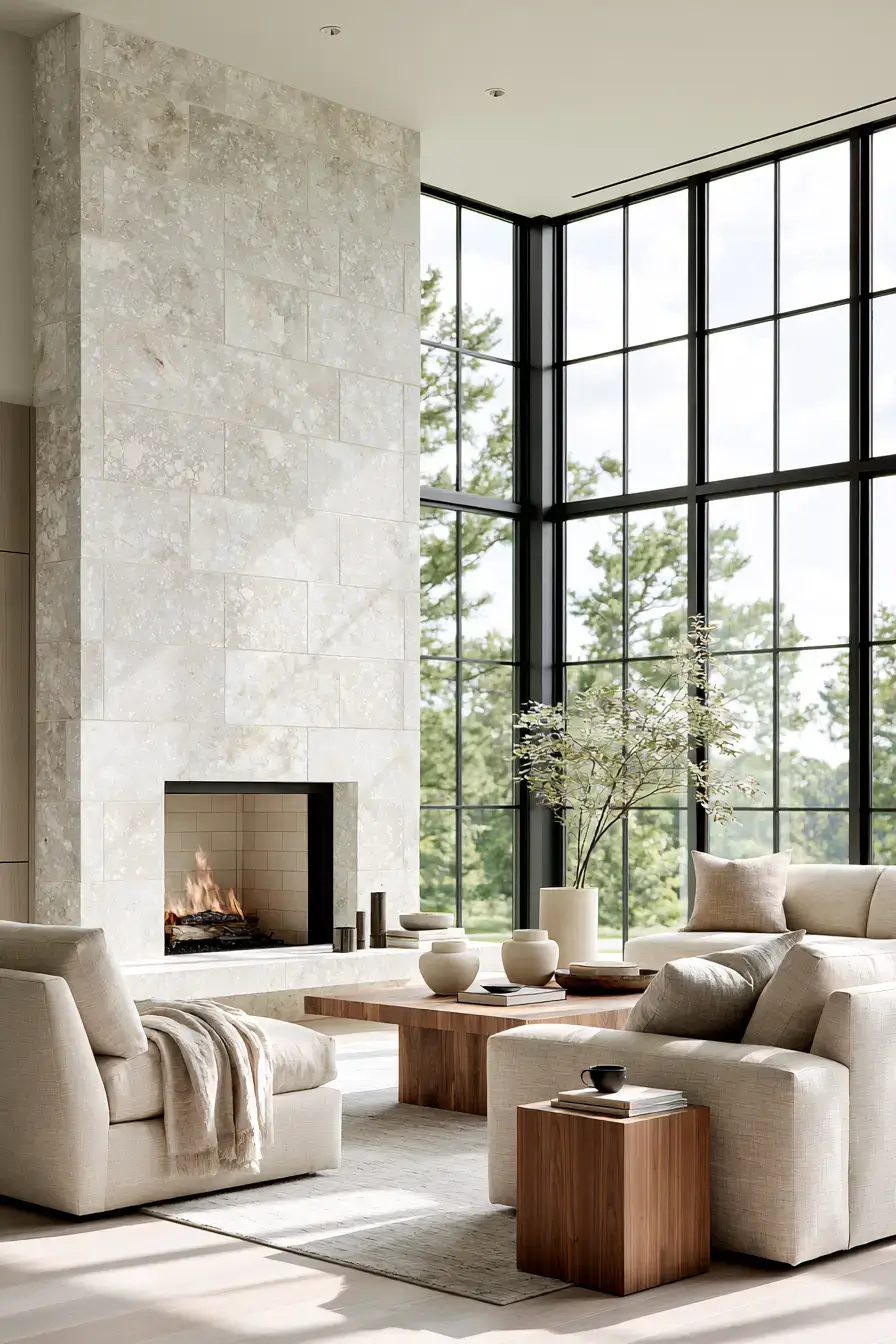 white stone fireplace