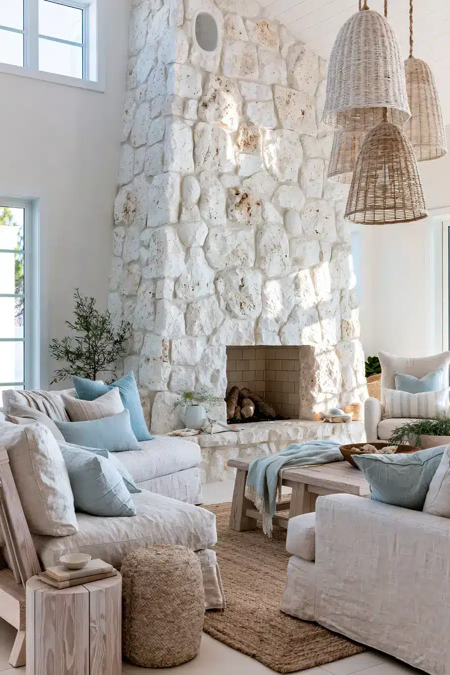 white stone fireplace