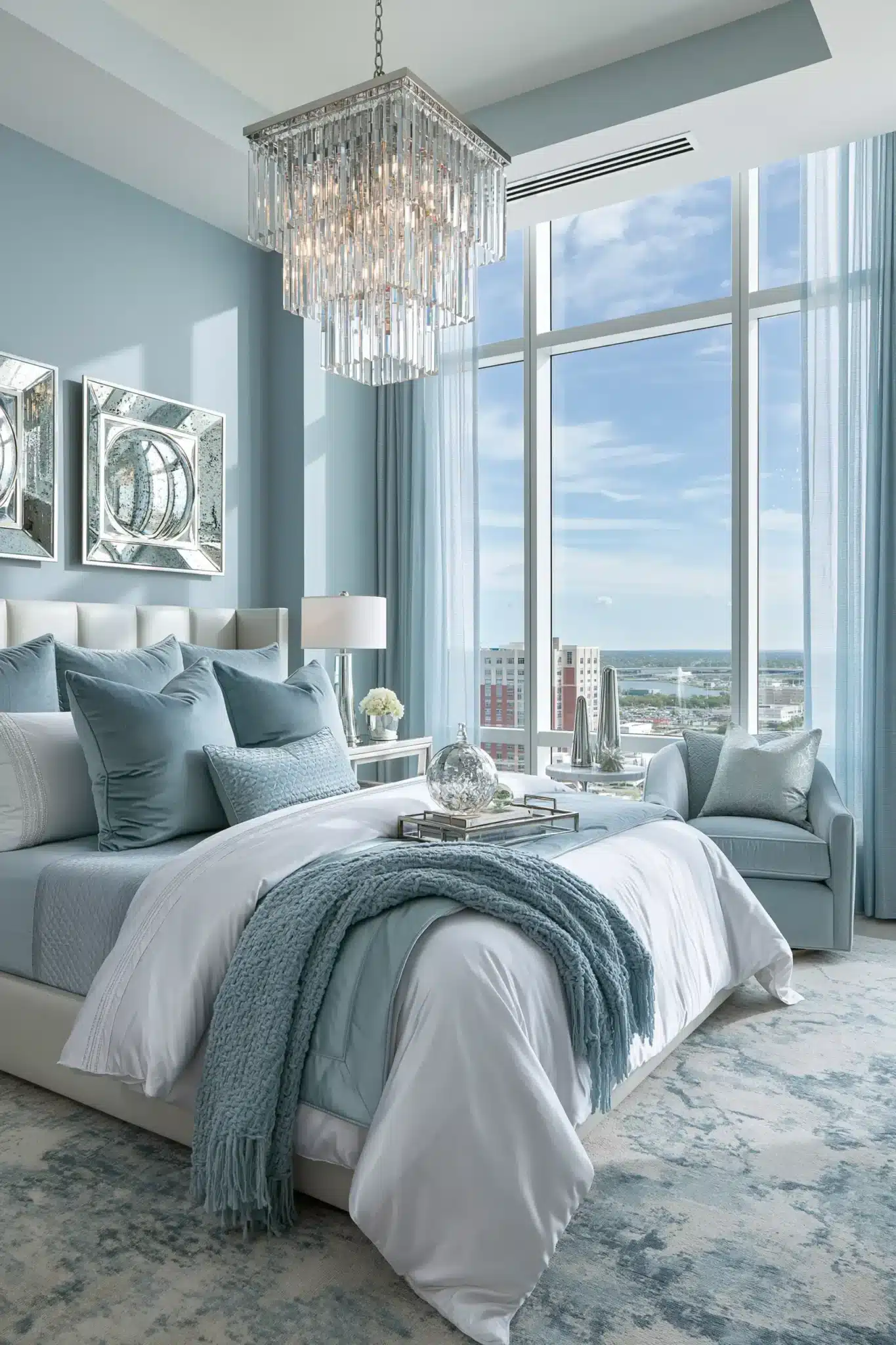 light blue and white bedroom