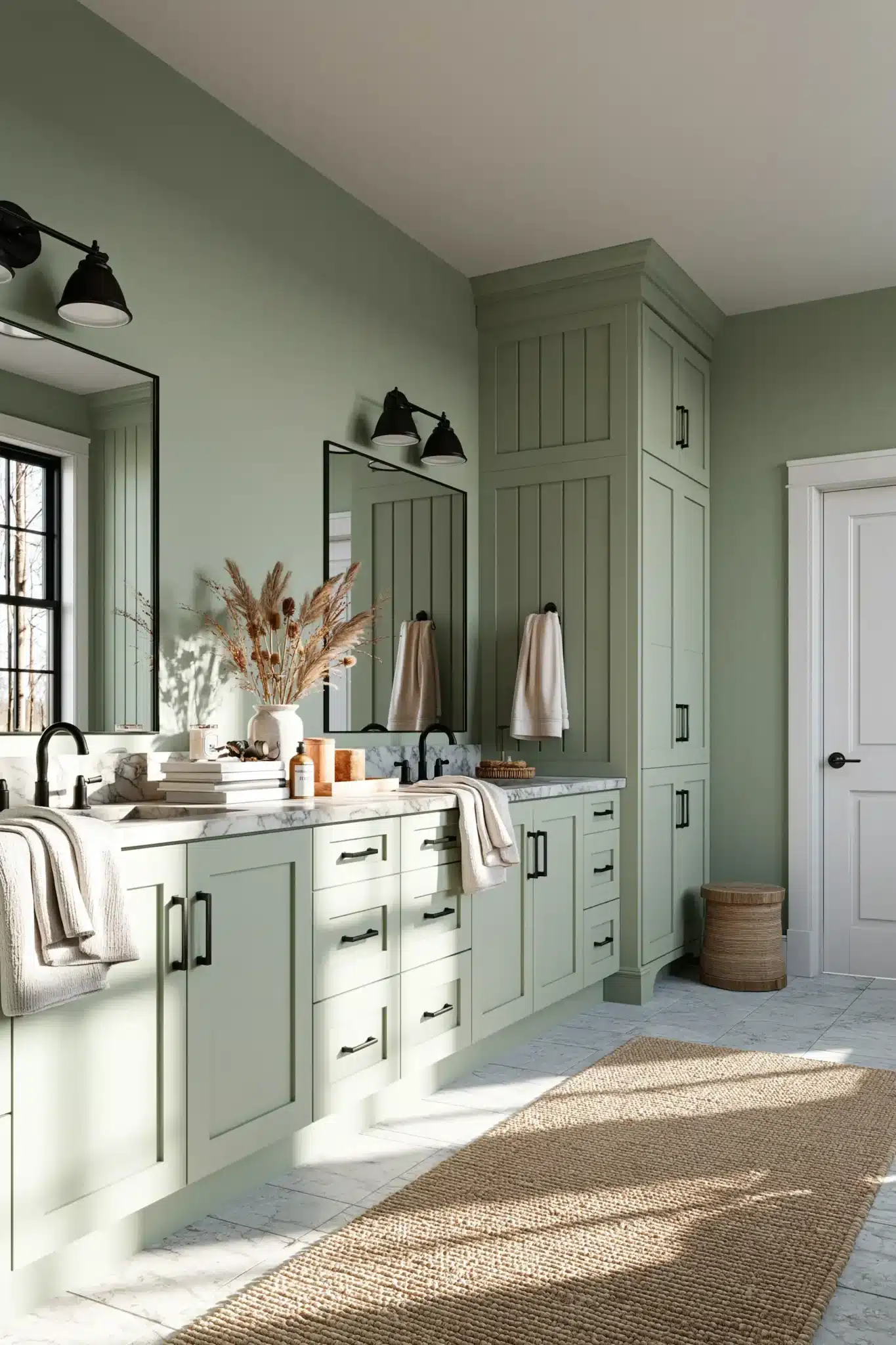 sage green and black bathroom