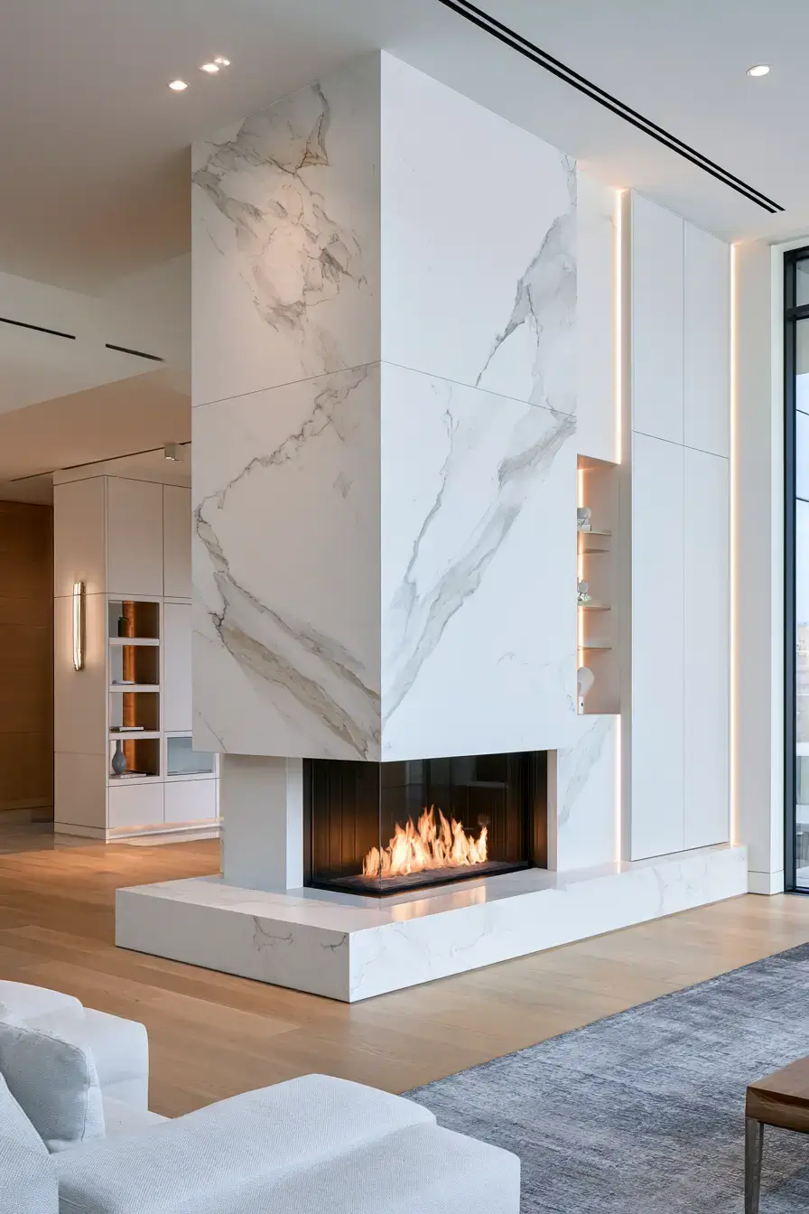white stone fireplace