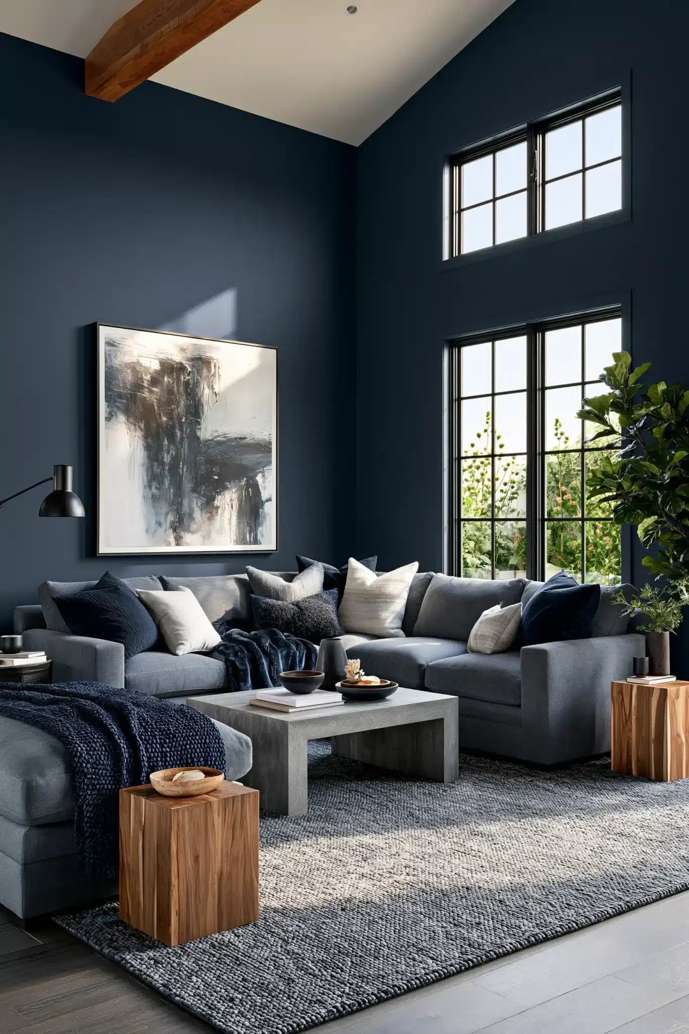 navy blue and grey living room