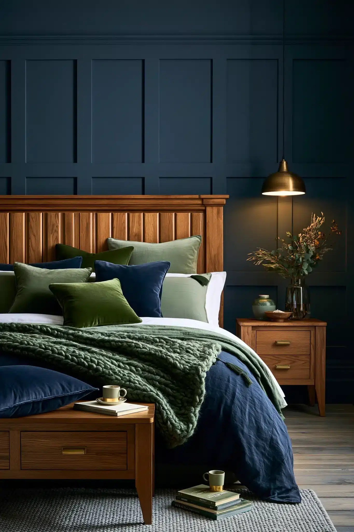 navy blue and green bedroom