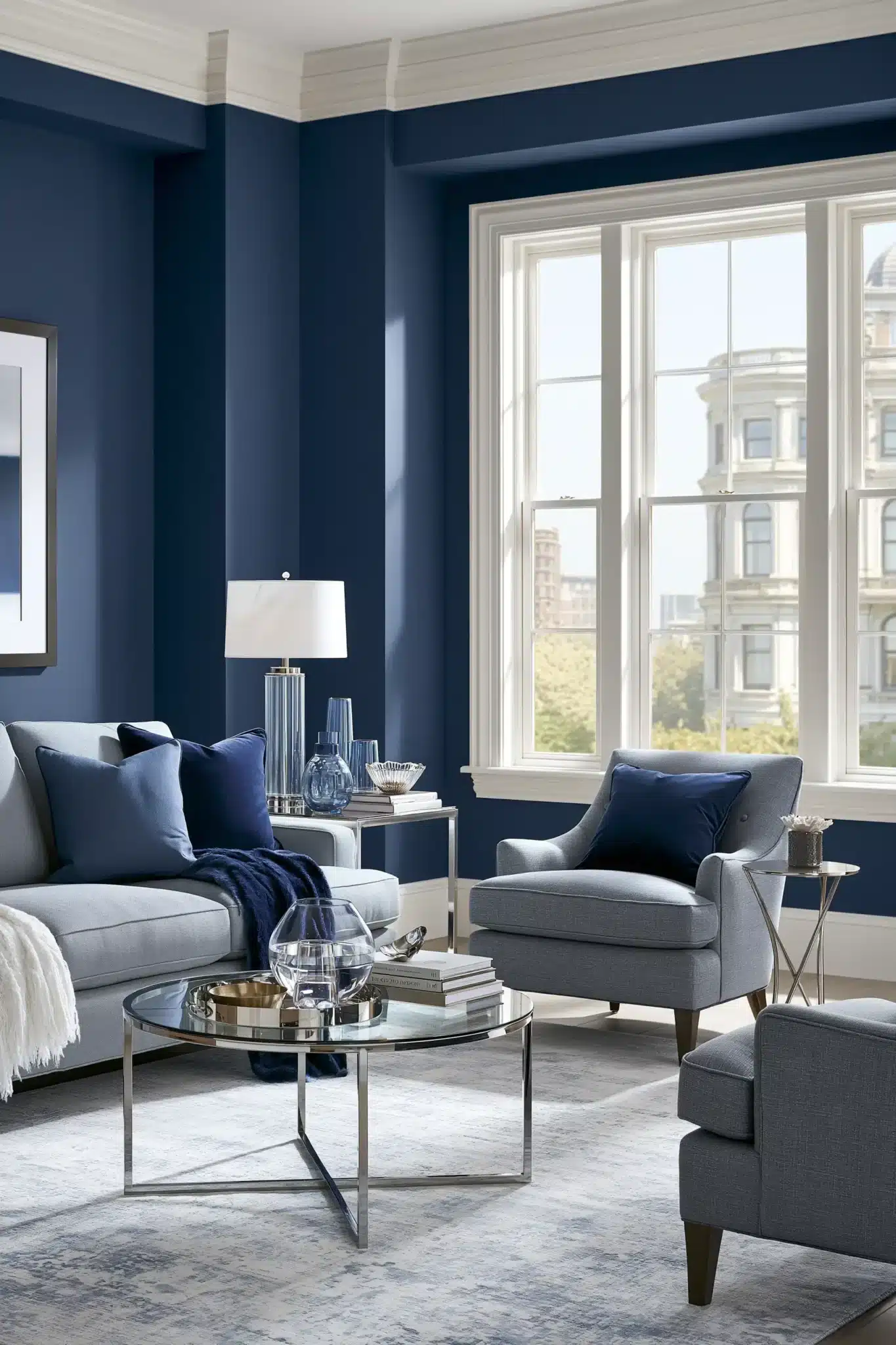 navy blue and grey living room