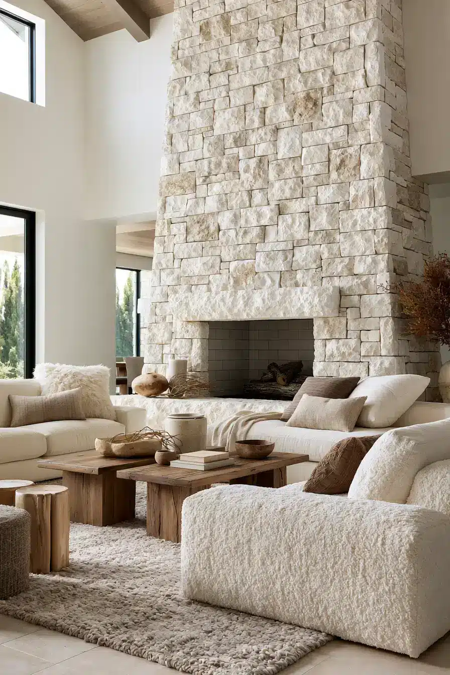 white stone fireplace