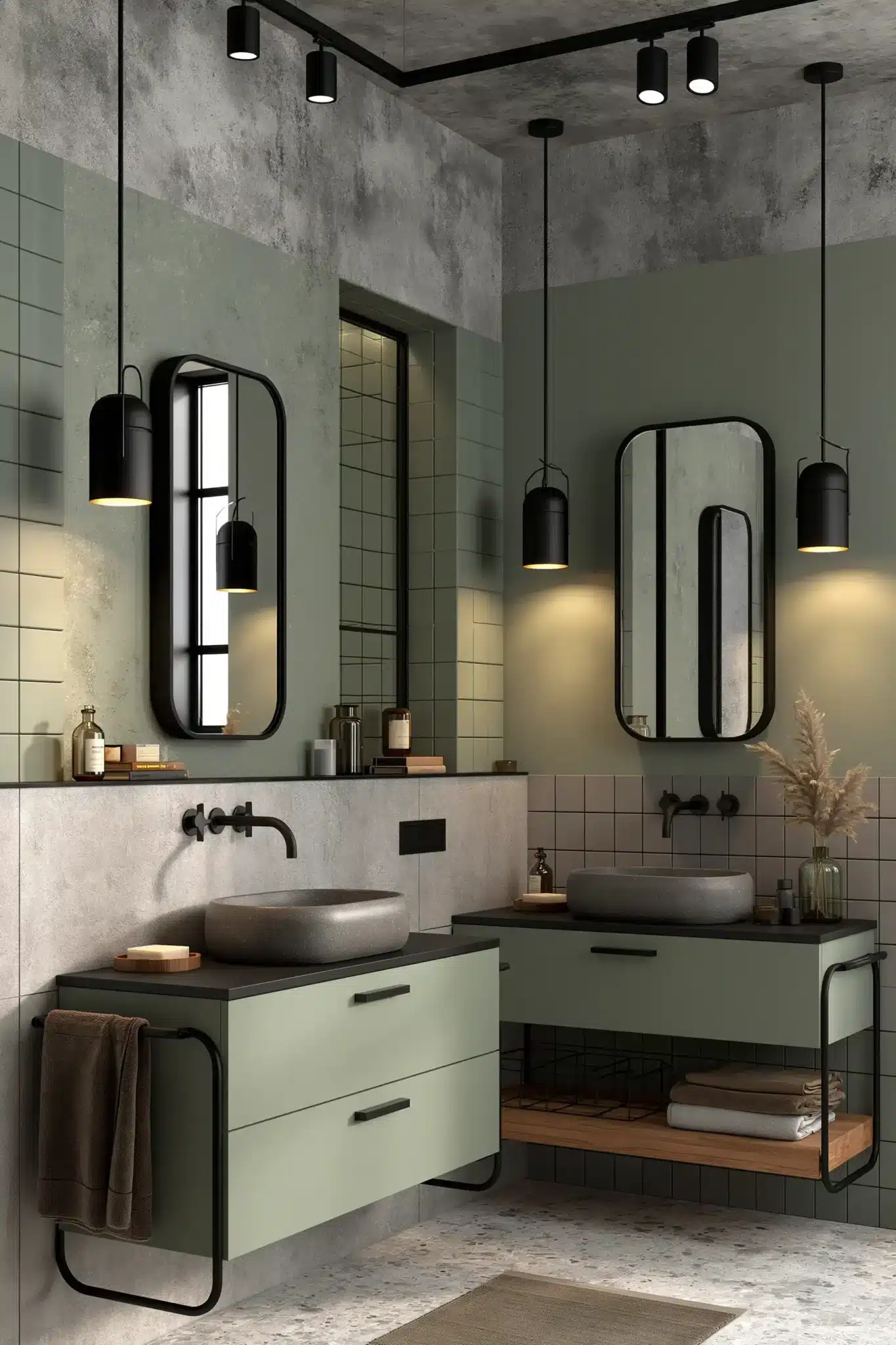 sage green and black bathroom