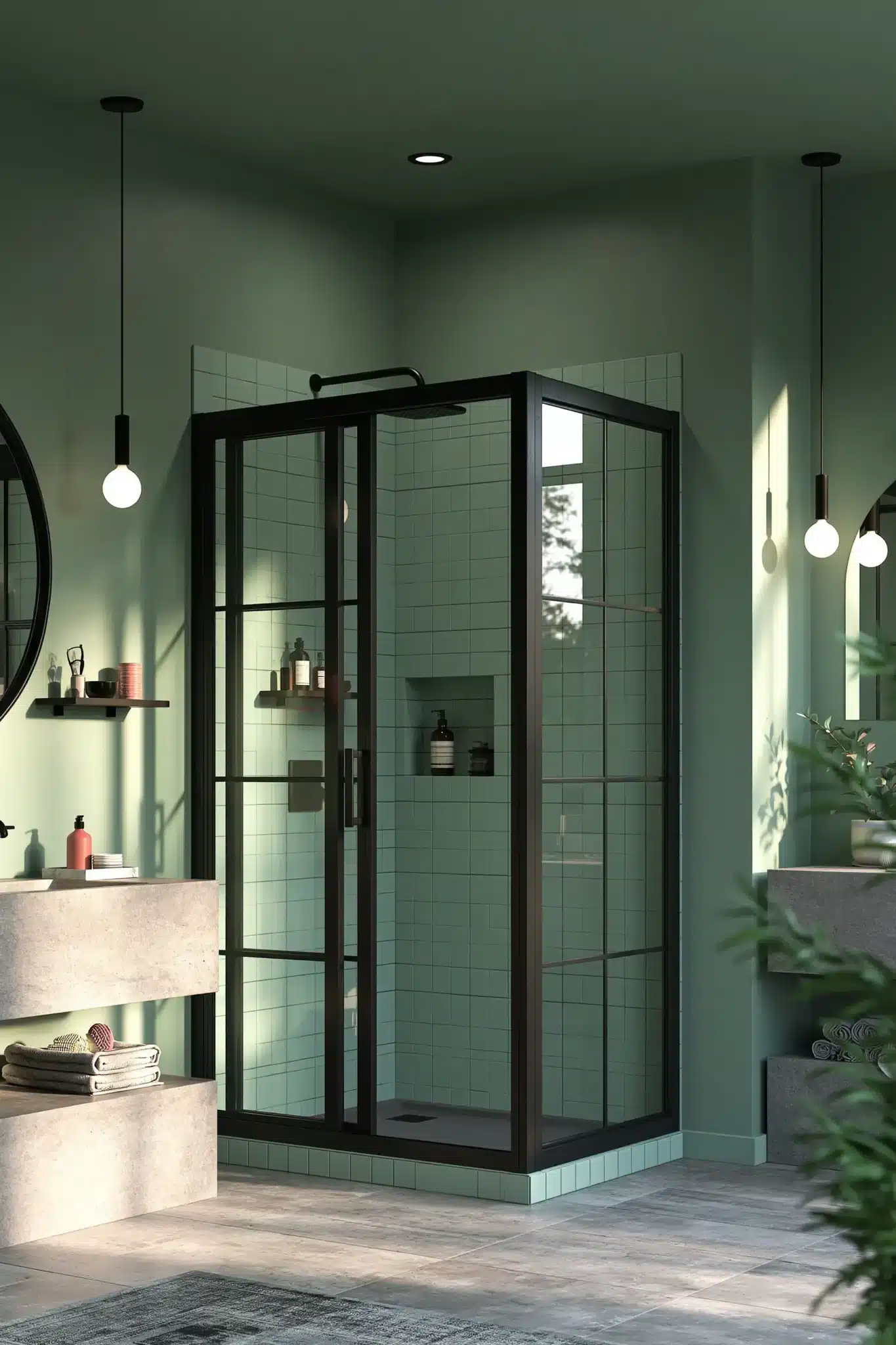 sage green and black bathroom