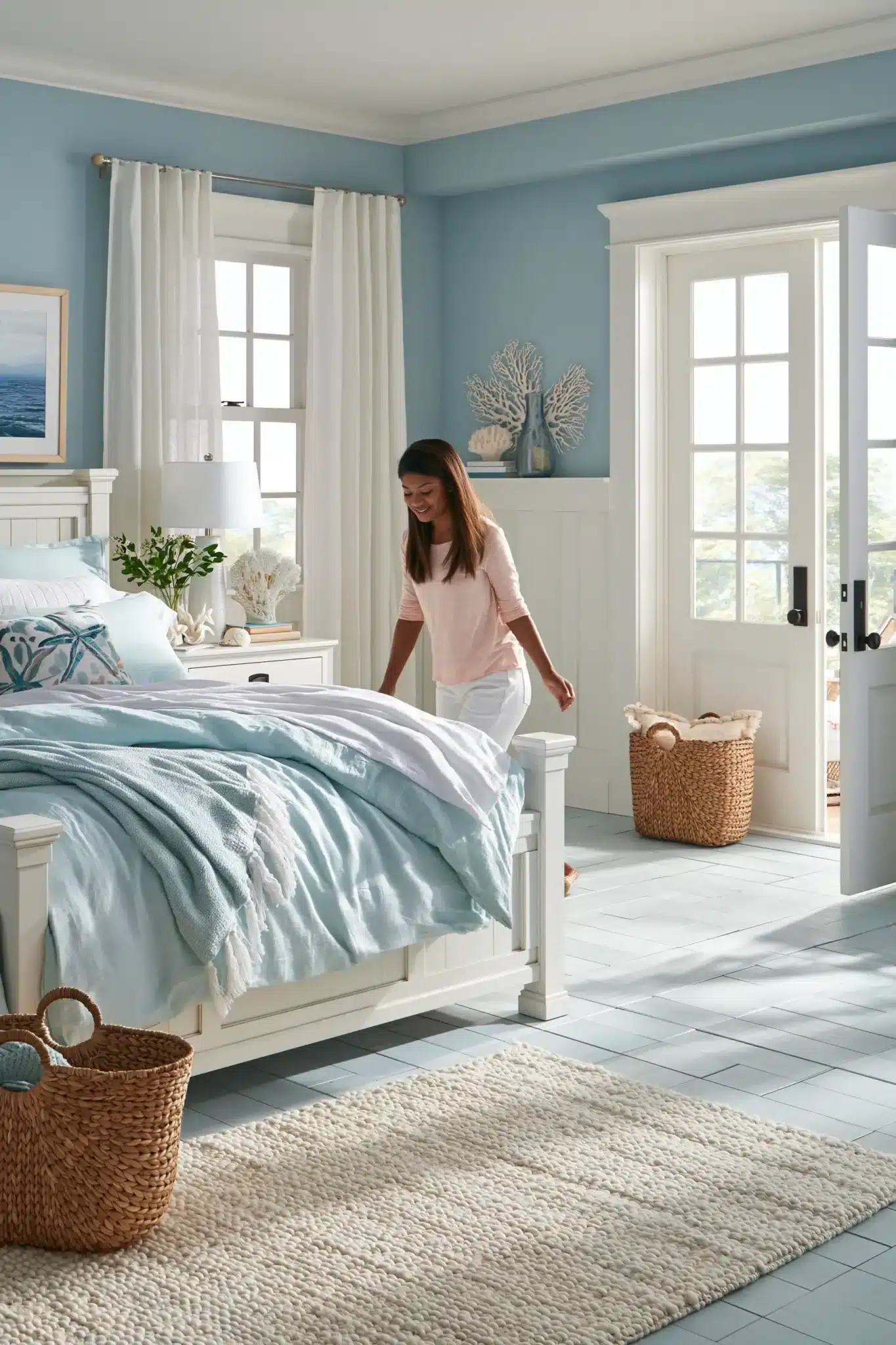 light blue and white bedroom