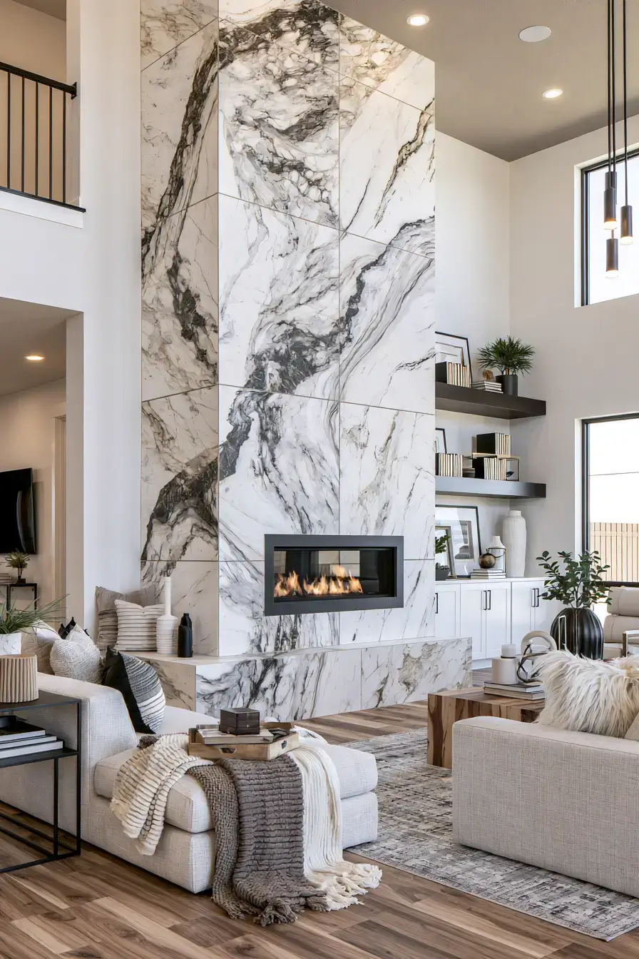 white stone fireplace